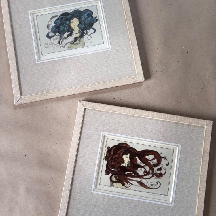 Oprawione litografie z lat 80-tych artysty Ctirada Stehlíka vintage secesja